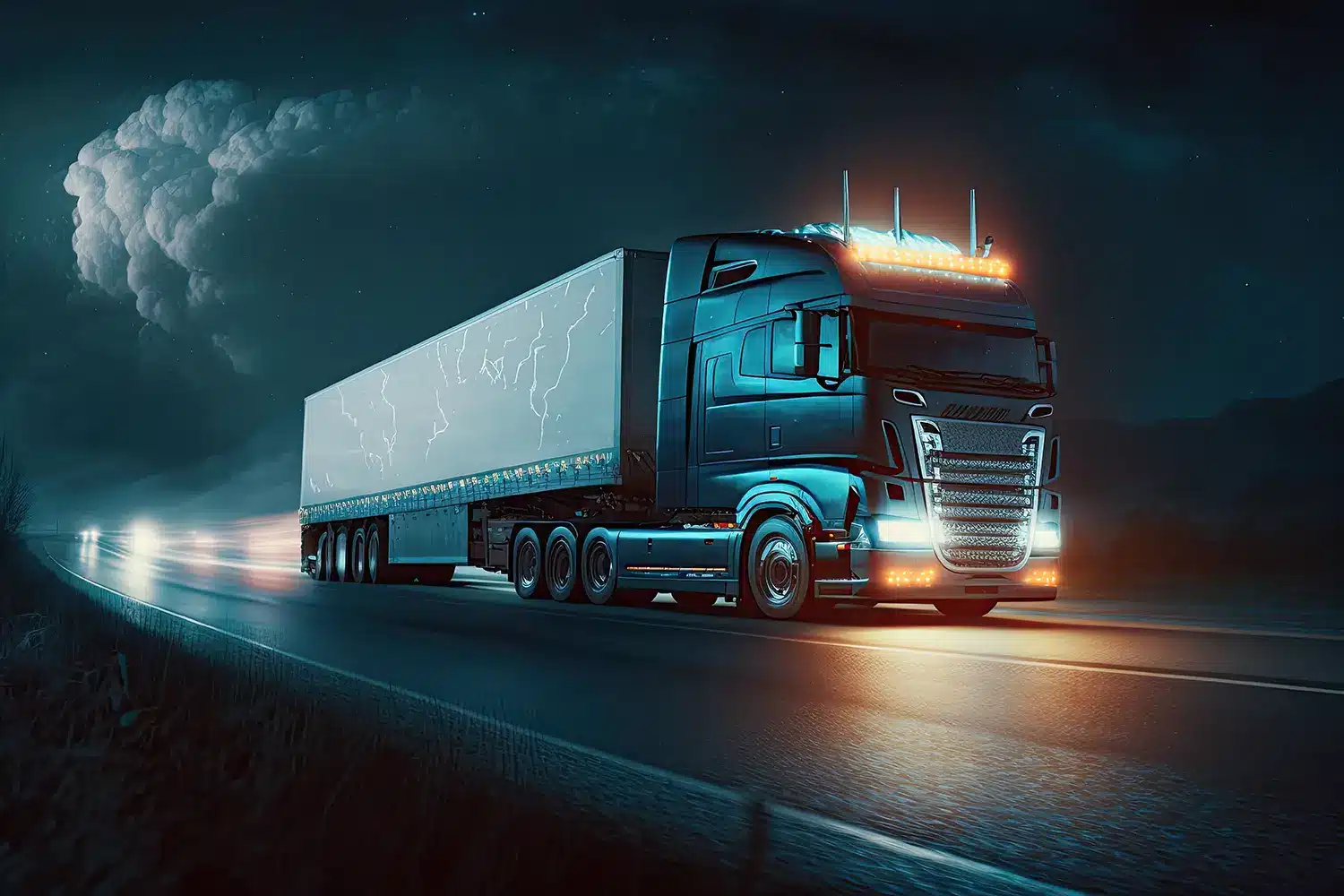 pan logistics truck driving at night