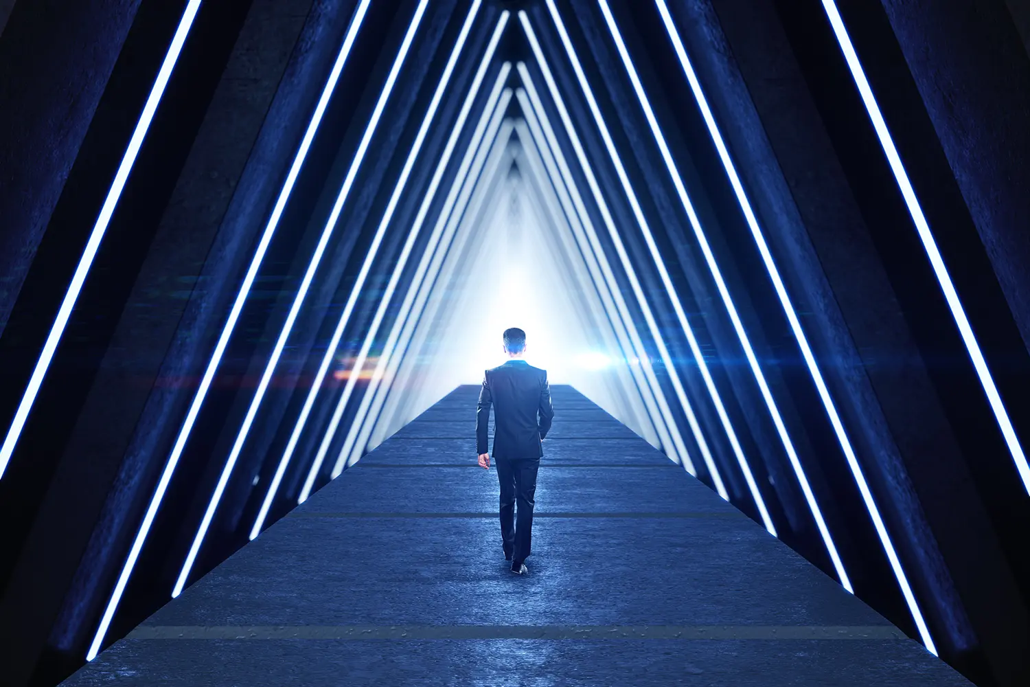 businessman walking interior with abstract luminous triangle corridor