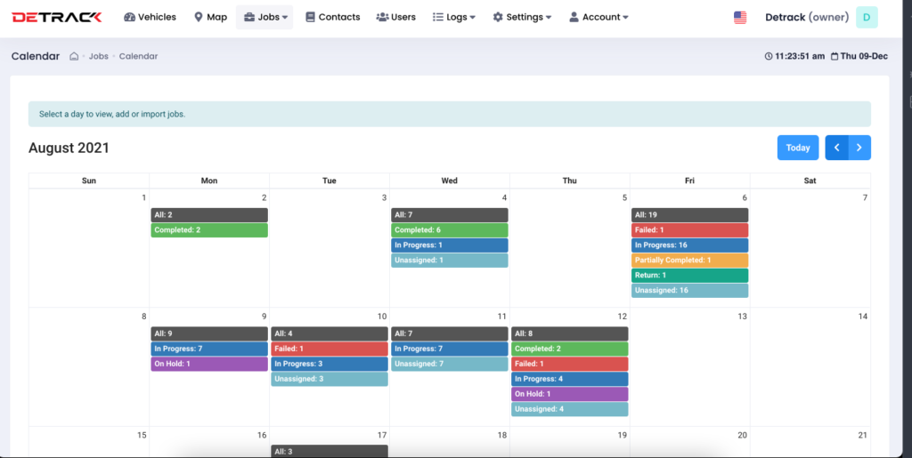 Updated Calendar View on Detrack Dashboard