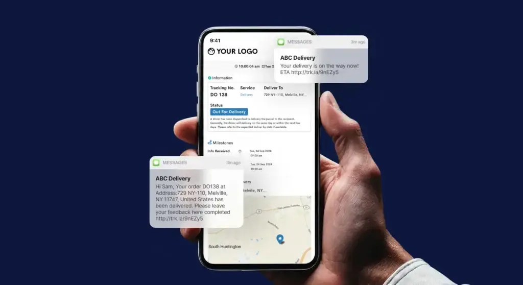 An image of a hand holding a phone showing delivery text updates.