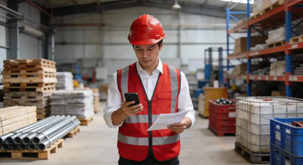 A man looking on his phone while in a warehouse