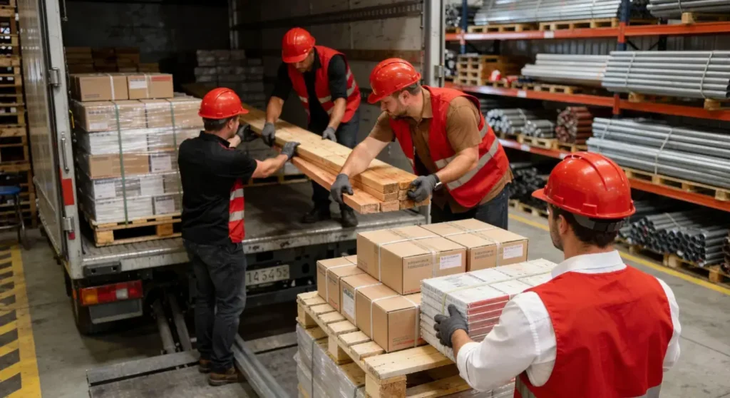 A group of man taking out deliveries from a van
