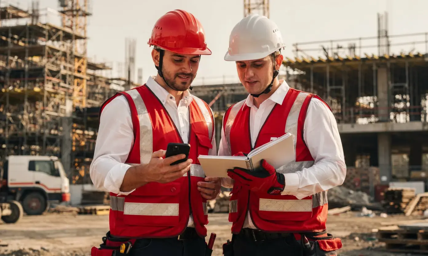 Two man looking at a notebook while in a construction site