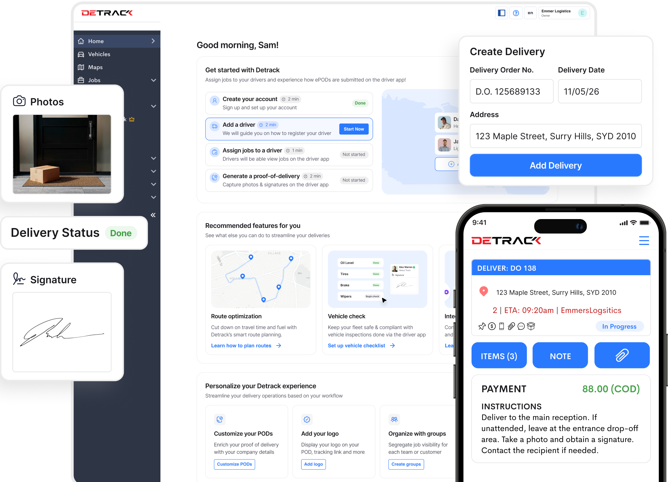 Detrack platform preview — dashboard, driver app, and proof of delivery