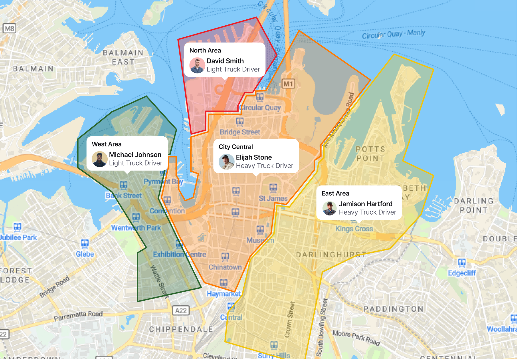 Driver zones on a city map