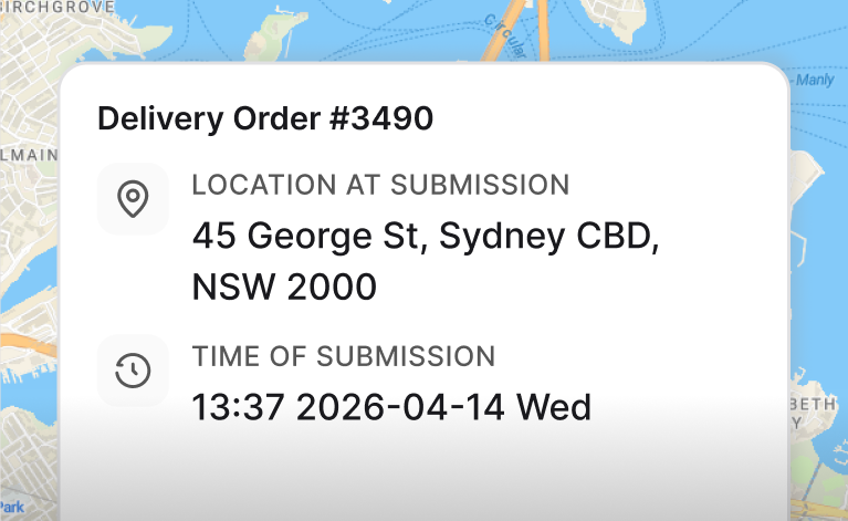 GPS map with delivery pin and timestamp