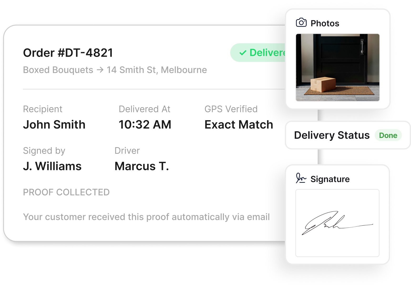 Proof of delivery card with photos, signature, and GPS verification