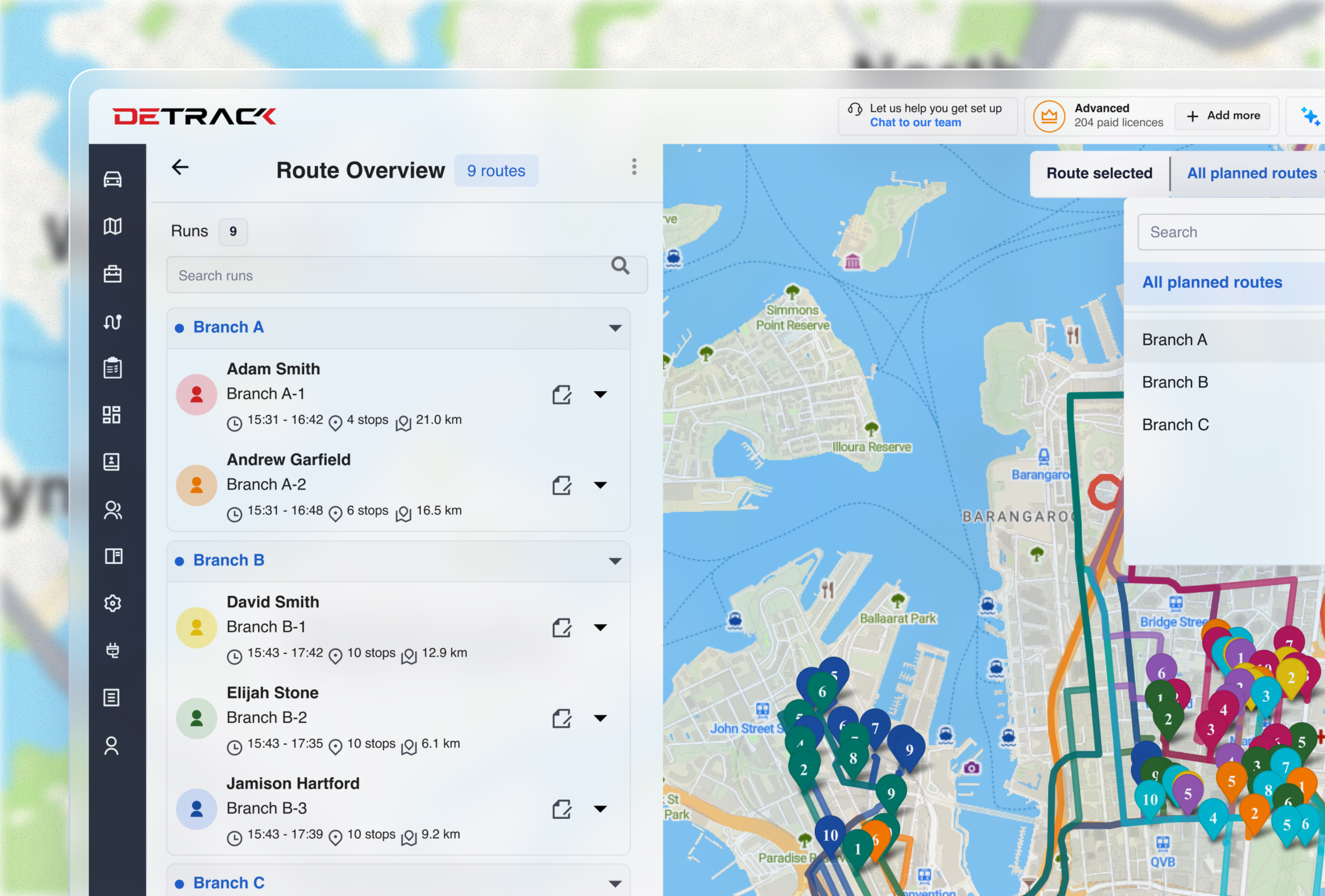 Routes and stops from every group shown in a single overview