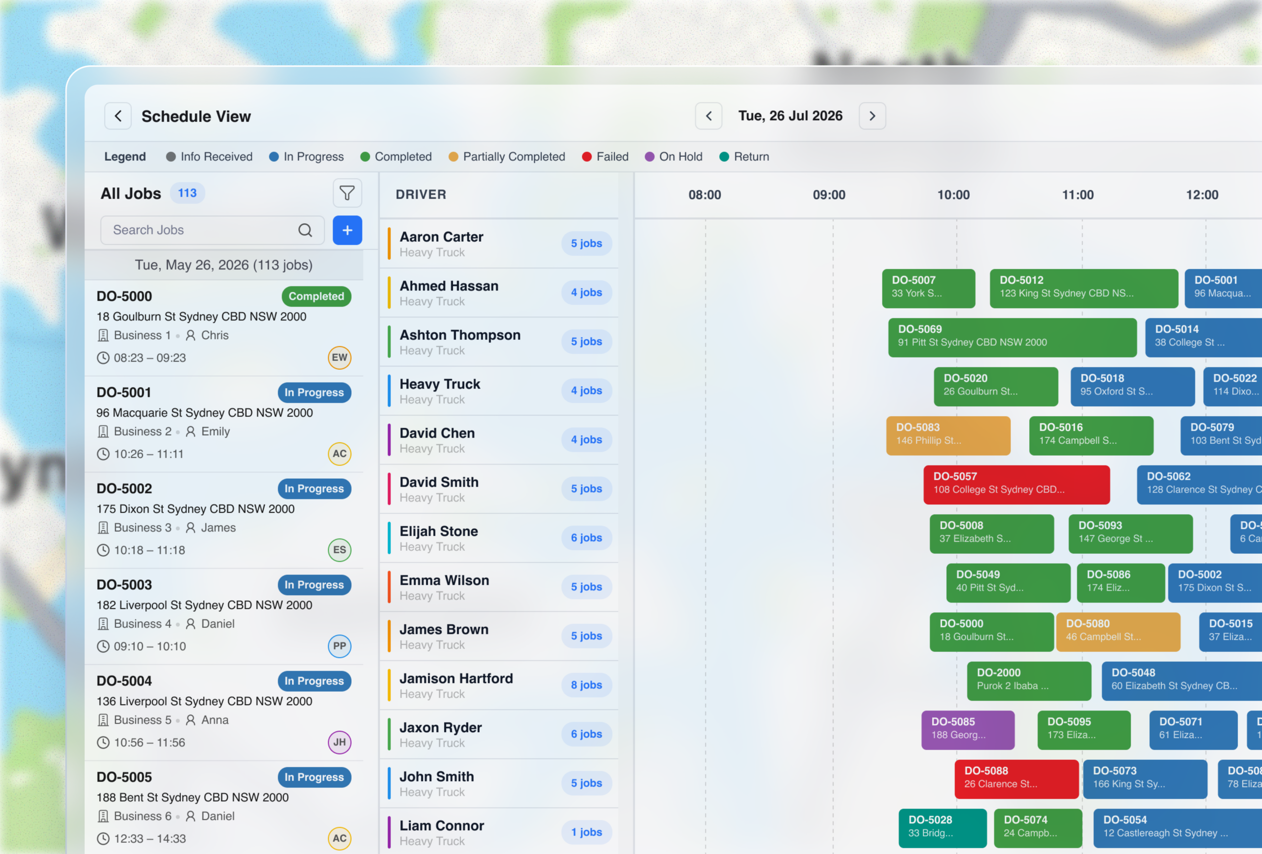 Schedule View, a calendar timeline with a lane for each driver and a job being dragged to a new slot