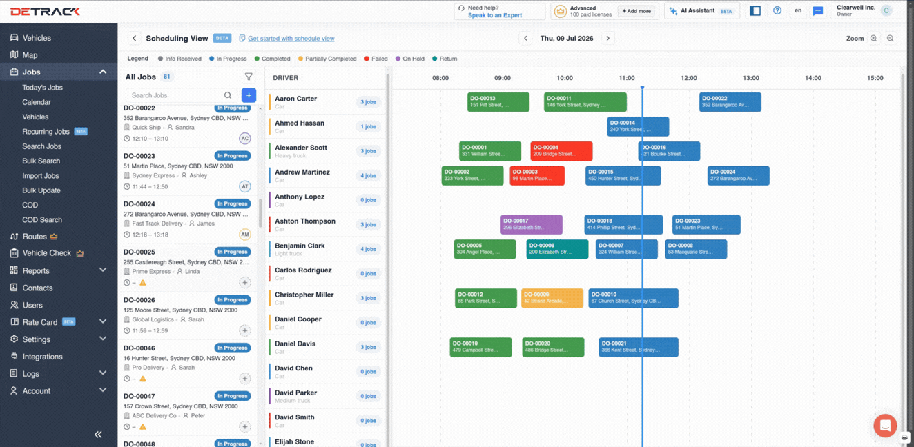 Detrack Scheduling View showing jobs arranged across driver lanes on a calendar-style timeline