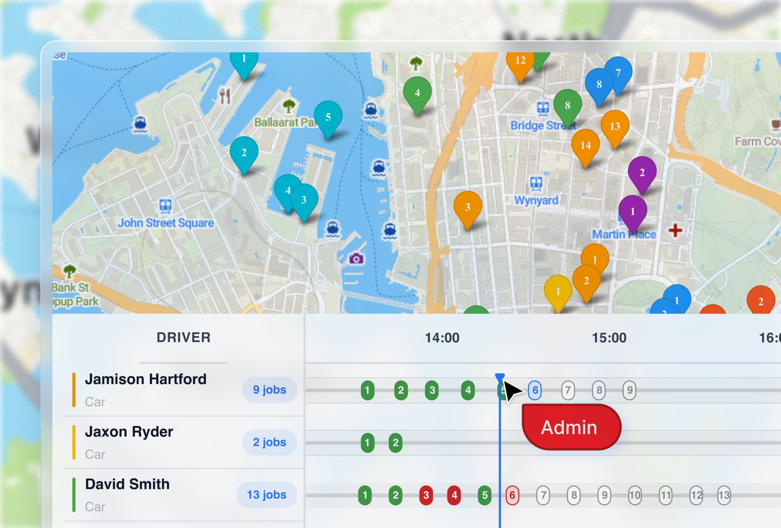 Timeline View with each driver&rsquo;s day side by side and jobs colour-coded by status