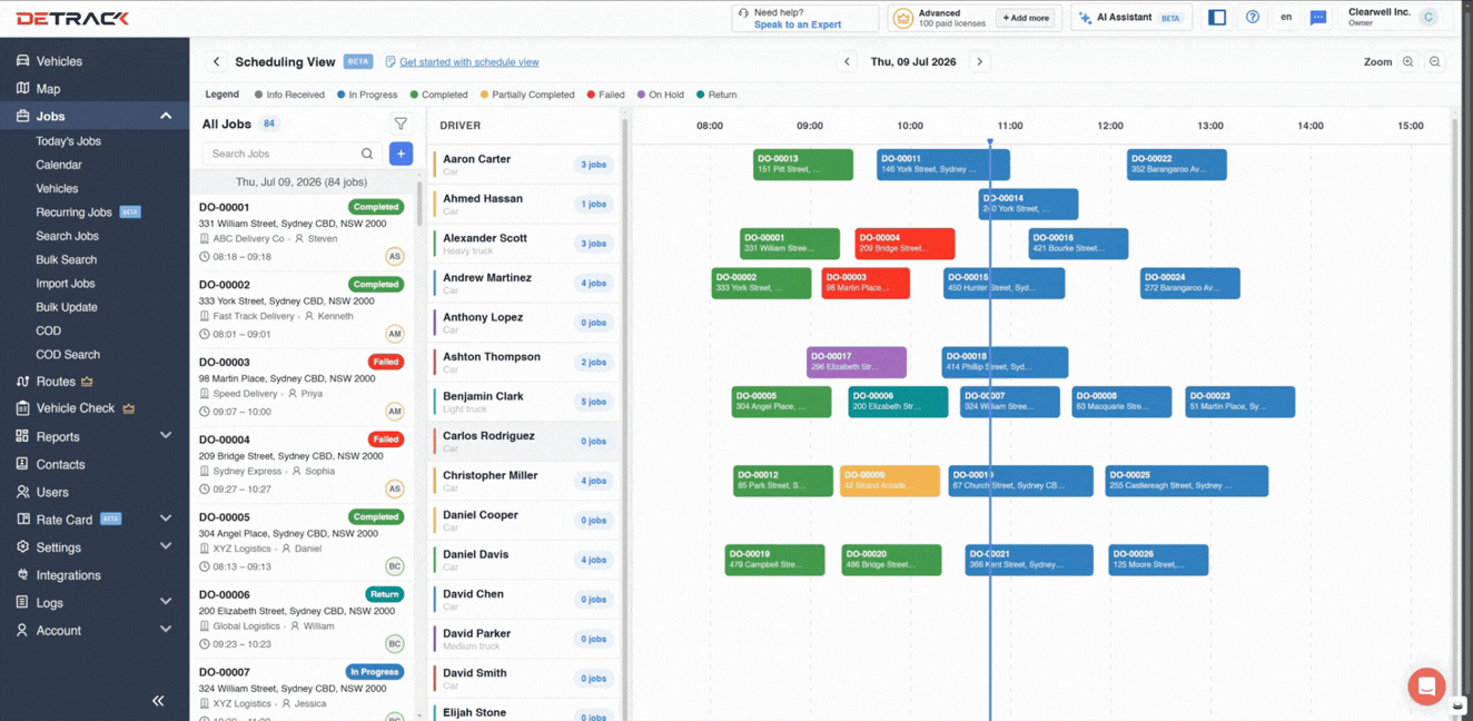 Detrack weekly schedule view for an individual driver
