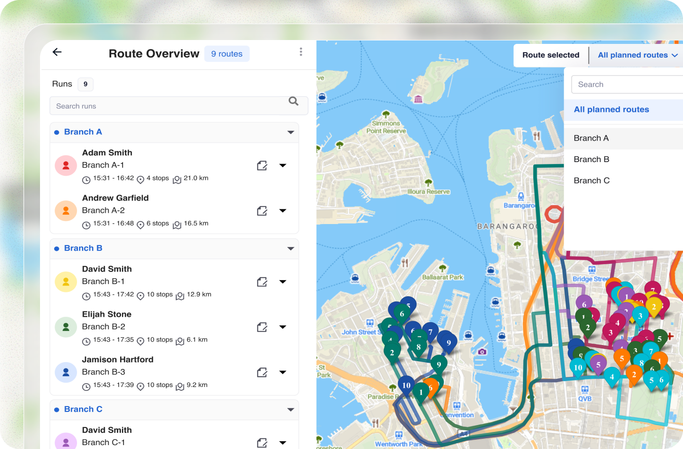 Multi-branch route planning map