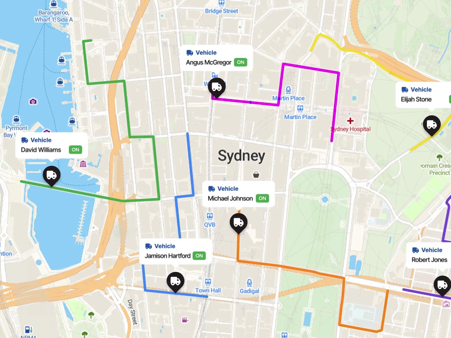 Detrack dashboard showing every driver&rsquo;s live location on one map