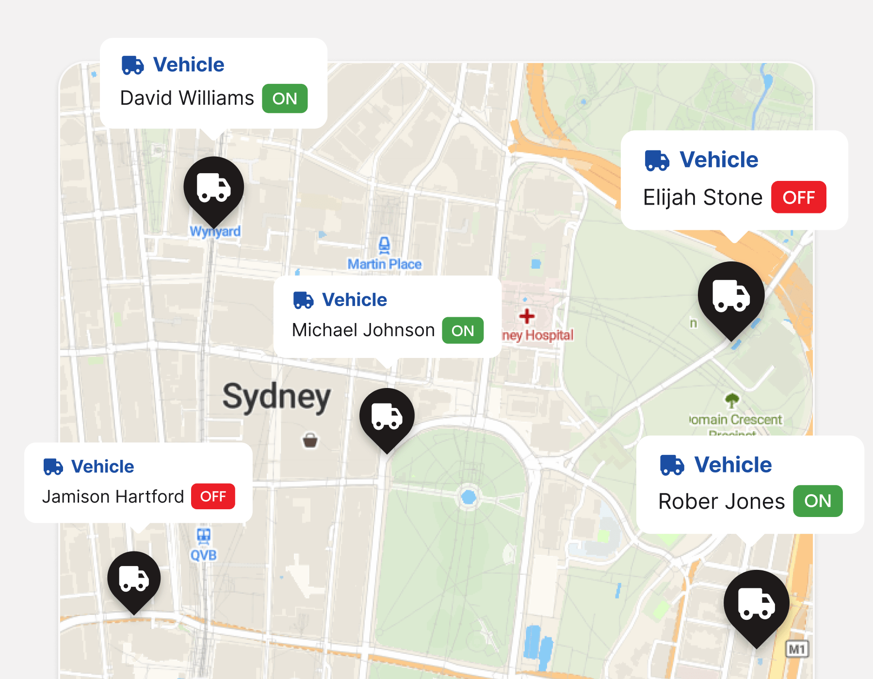 Manager dashboard map showing every driver's live location