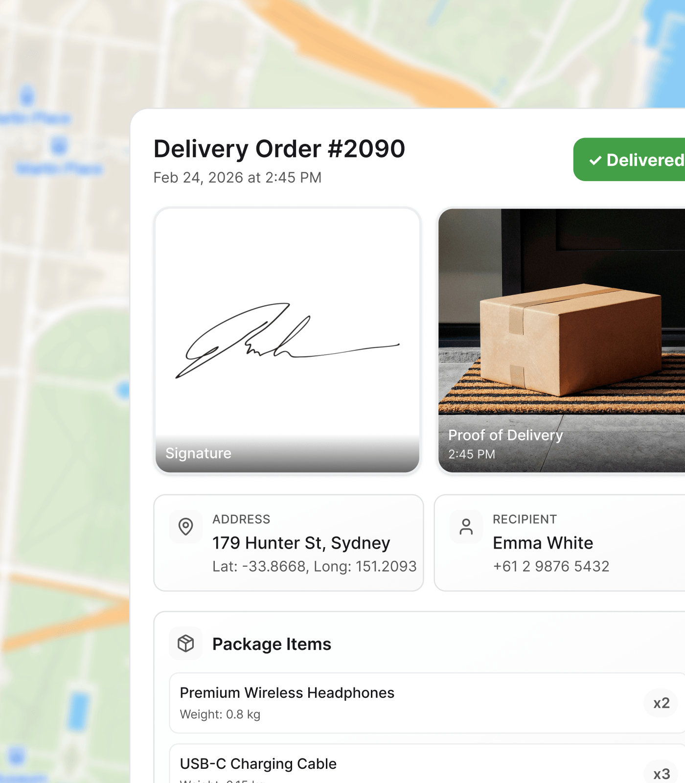 Electronic proof of delivery with photo, signature and timestamp