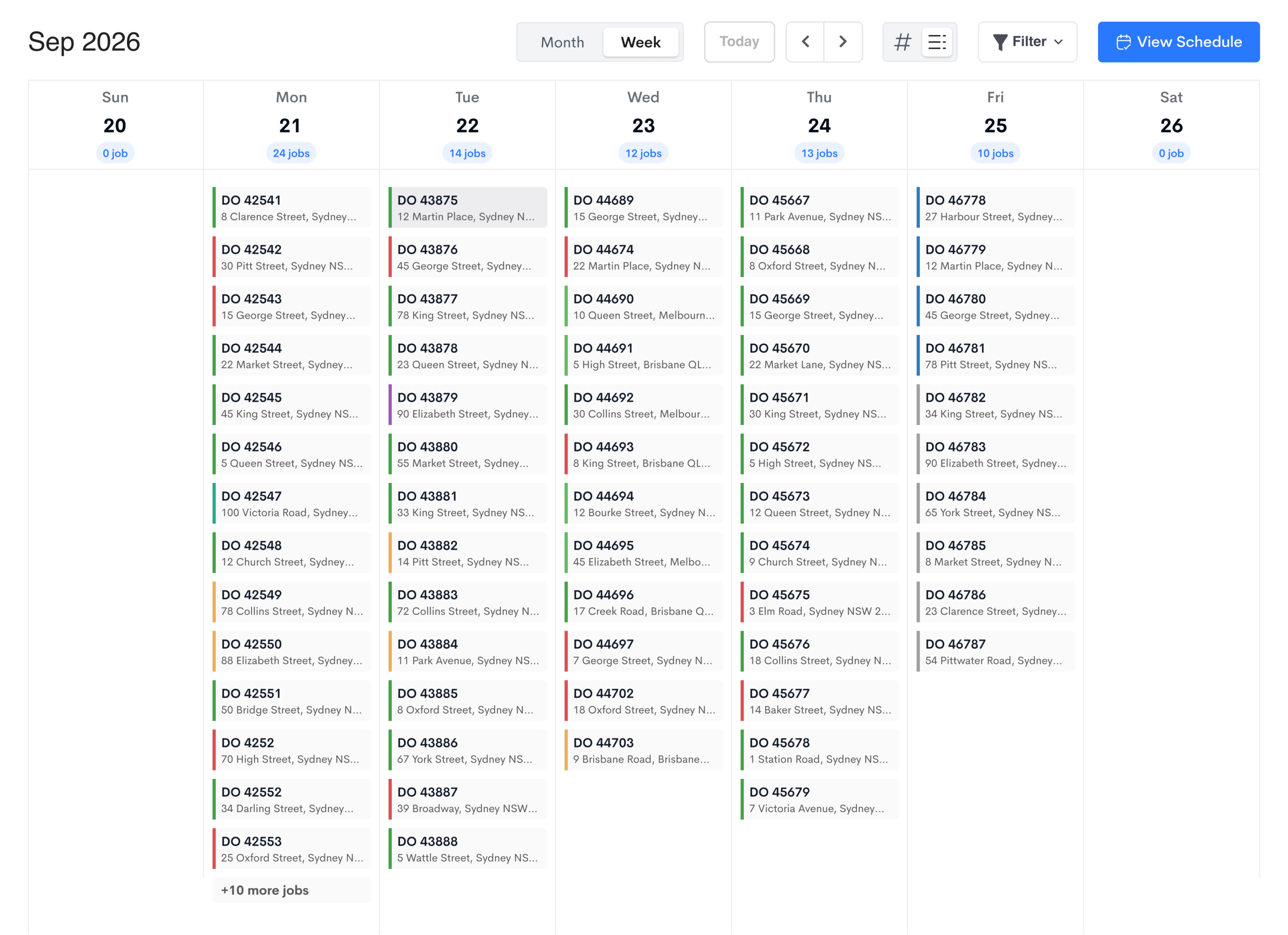 Weekly calendar view in Detrack showing jobs listed under each day
