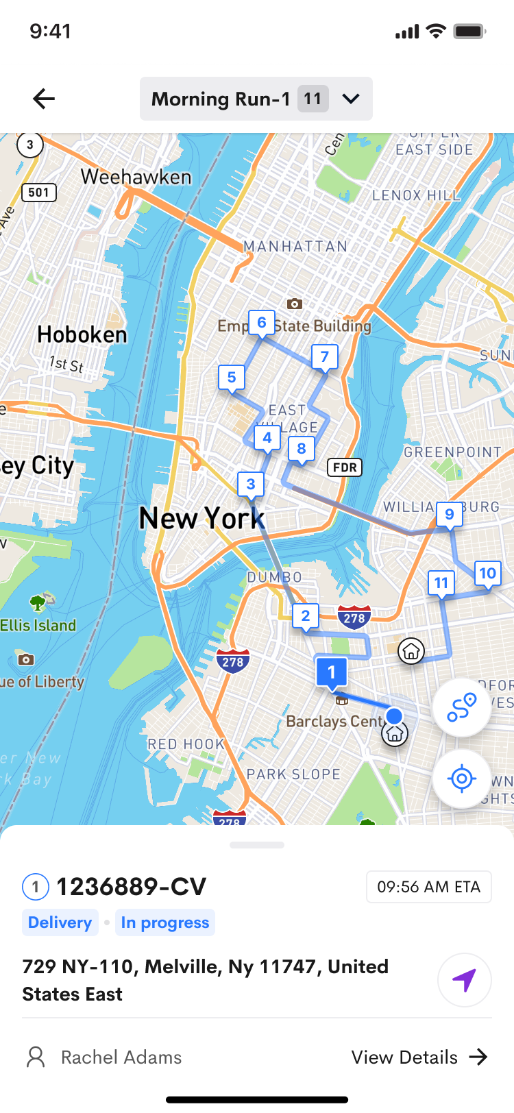 The new Detrack driver app showing a driver's run on the map view