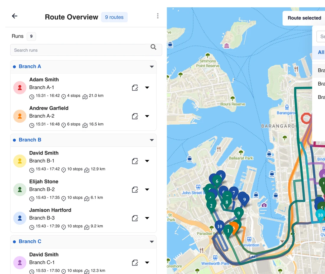 Route overview listing runs by branch, with every branch’s routes and stops on one map