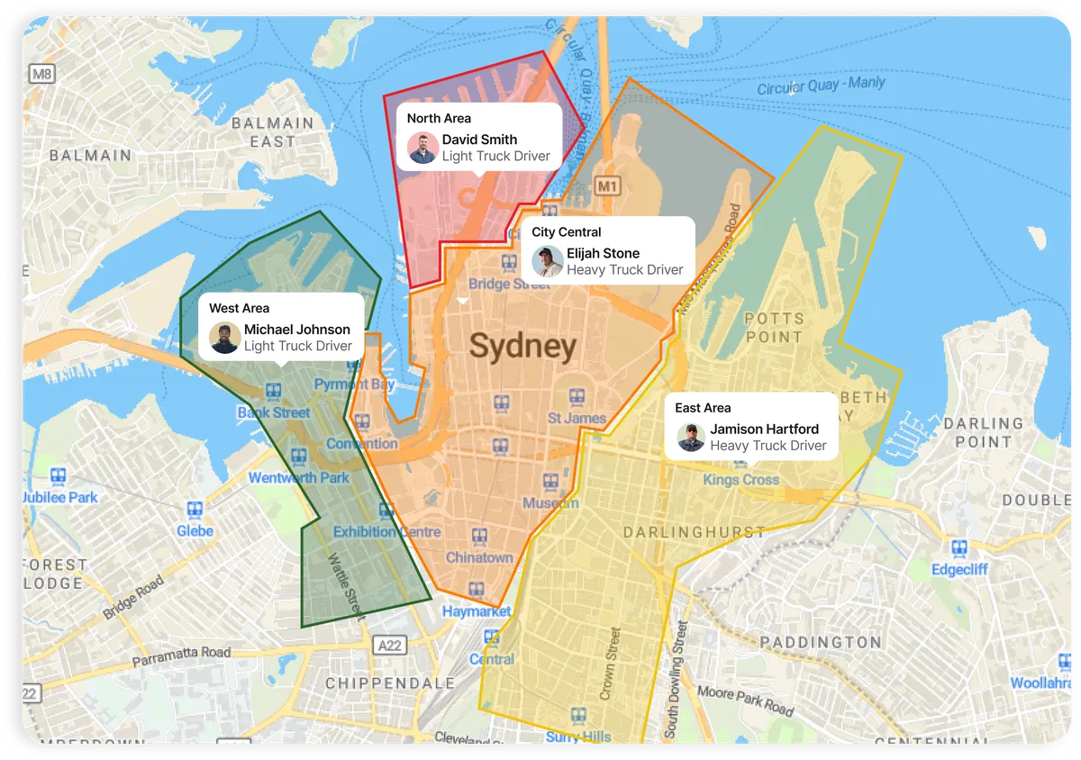 Route planner map of Sydney split into colour-coded delivery zones, each assigned to a driver