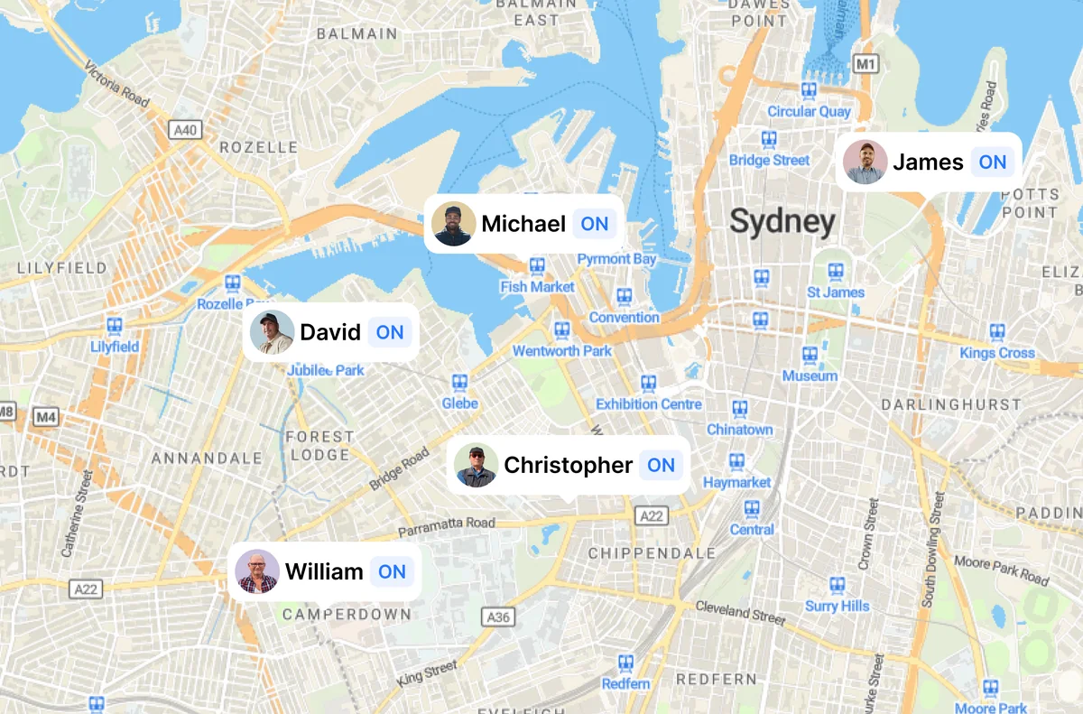 Live map of Sydney showing each driver’s current location and status