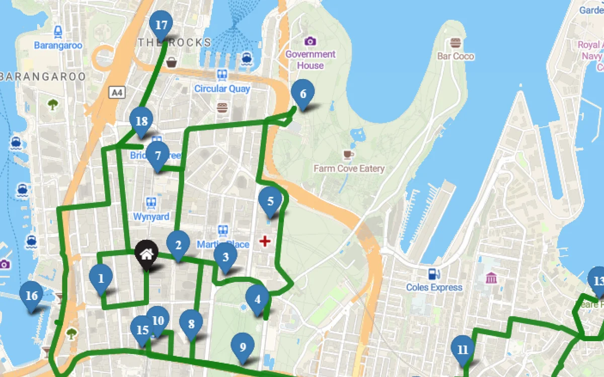 An optimised route through central Sydney with numbered stops in sequence