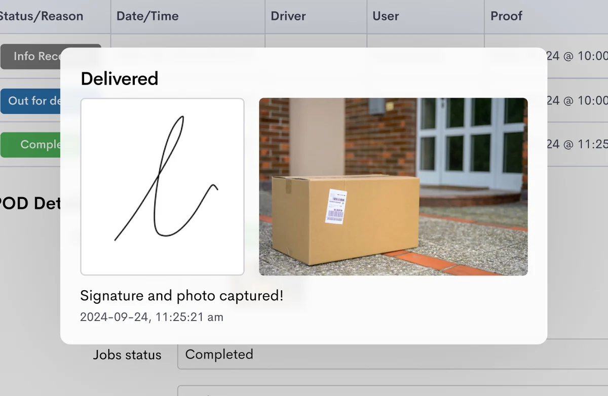 Proof of delivery marked Delivered, with the customer’s signature and a photo of the parcel at the door