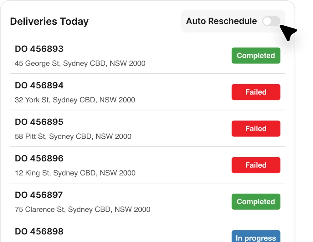 Today’s deliveries with completed, failed and in-progress jobs, and the Auto Reschedule toggle
