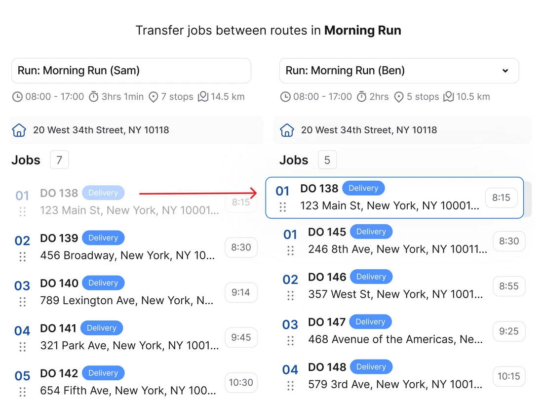Transferring a job from Sam’s morning run to Ben’s, with both job lists side by side