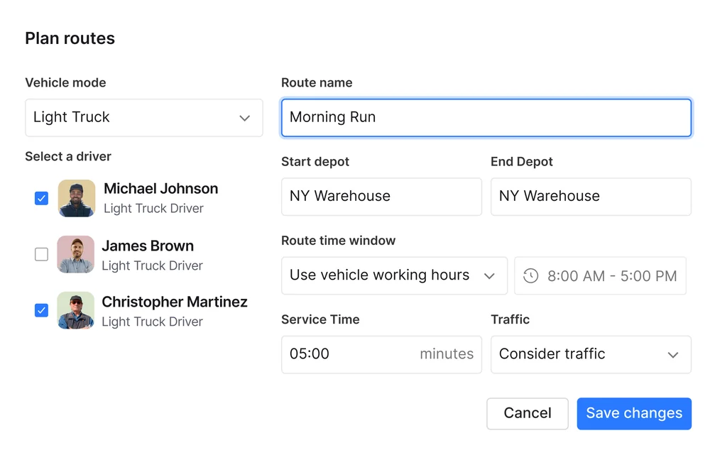 Plan routes settings with vehicle mode, drivers, depots, route time window, service time and traffic