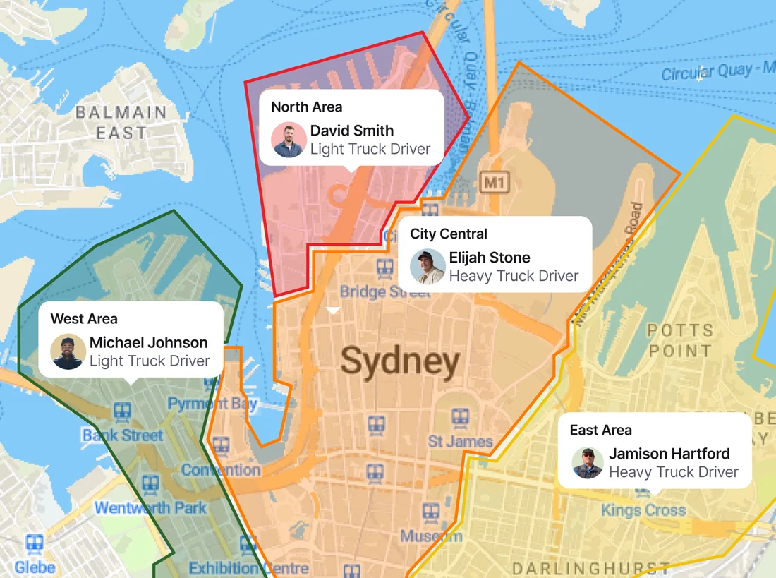 Map of Sydney split into North, City Central, West and East delivery zones, each assigned to a driver